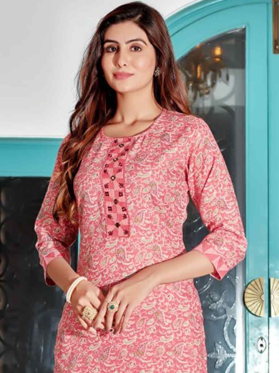 Pink Cotton Blend Embroidered Festival Casual Kurti with Bottom