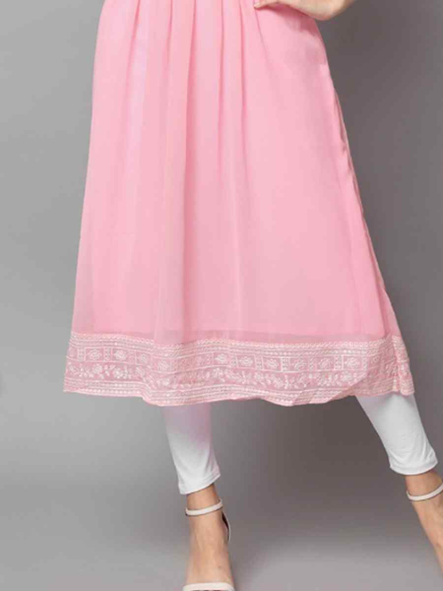 Pink Georgette Embroidered Festival Casual Kurti