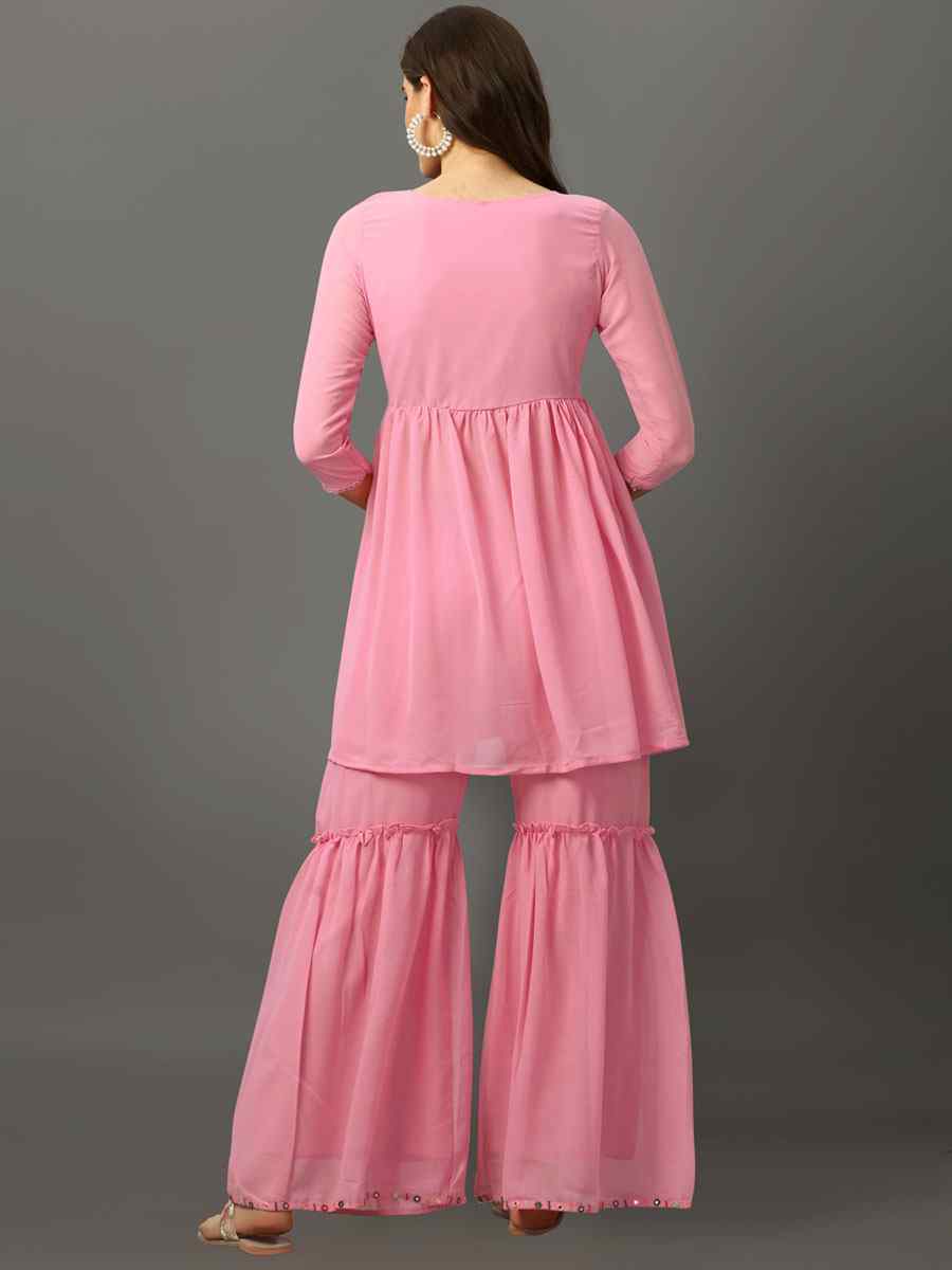 Pink Georgette Embroidered Festival Casual Kurti with Bottom