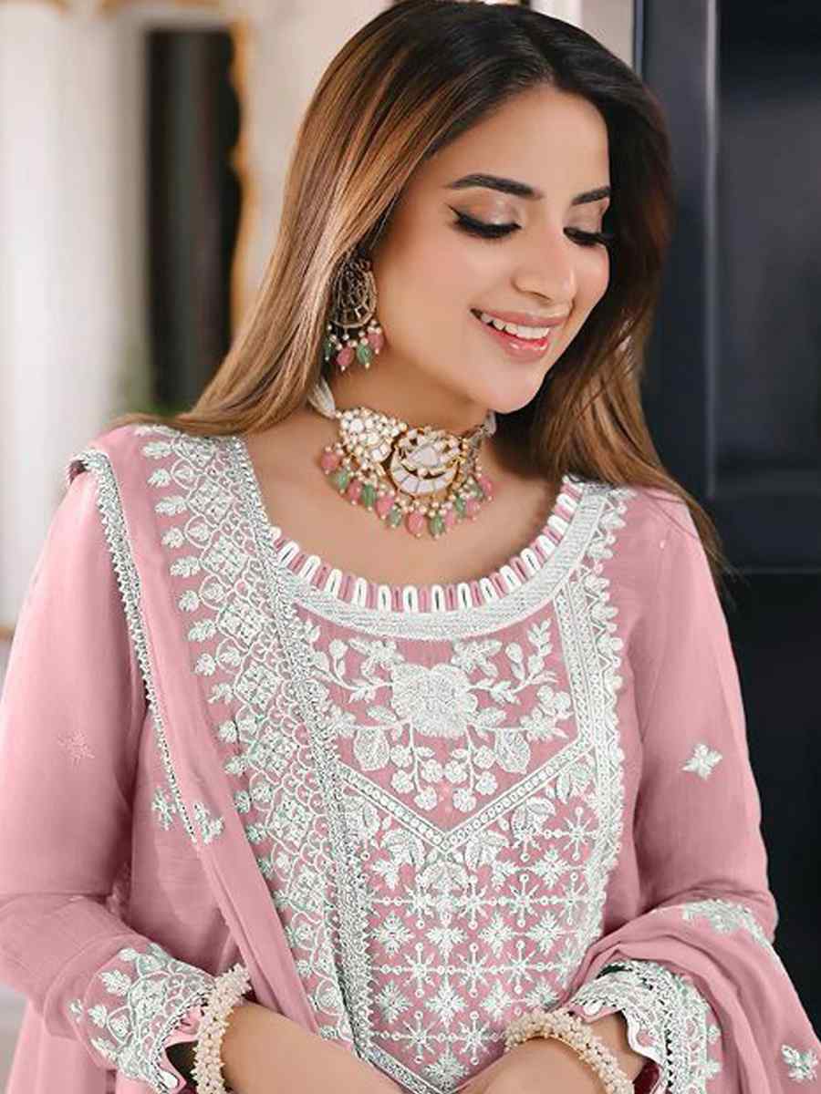Pink Heavy Orgenza Embroidered Festival Casual Pant Salwar Kameez