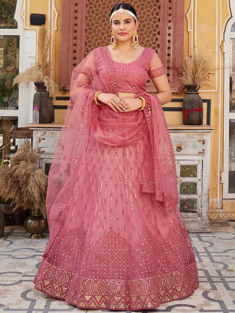 Pink Net Embroidered Bridesmaid Wedding Heavy Border Lehenga Choli