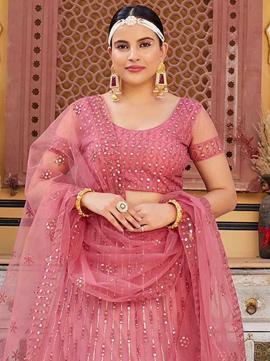 Pink Net Embroidered Bridesmaid Wedding Heavy Border Lehenga Choli