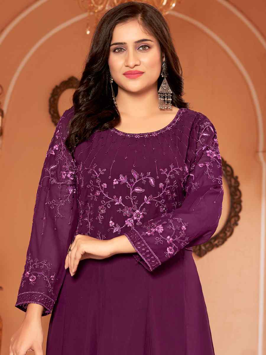 Purple Blooming Faux Georgette Embroidered Festival Wedding Anarkali Salwar Kameez