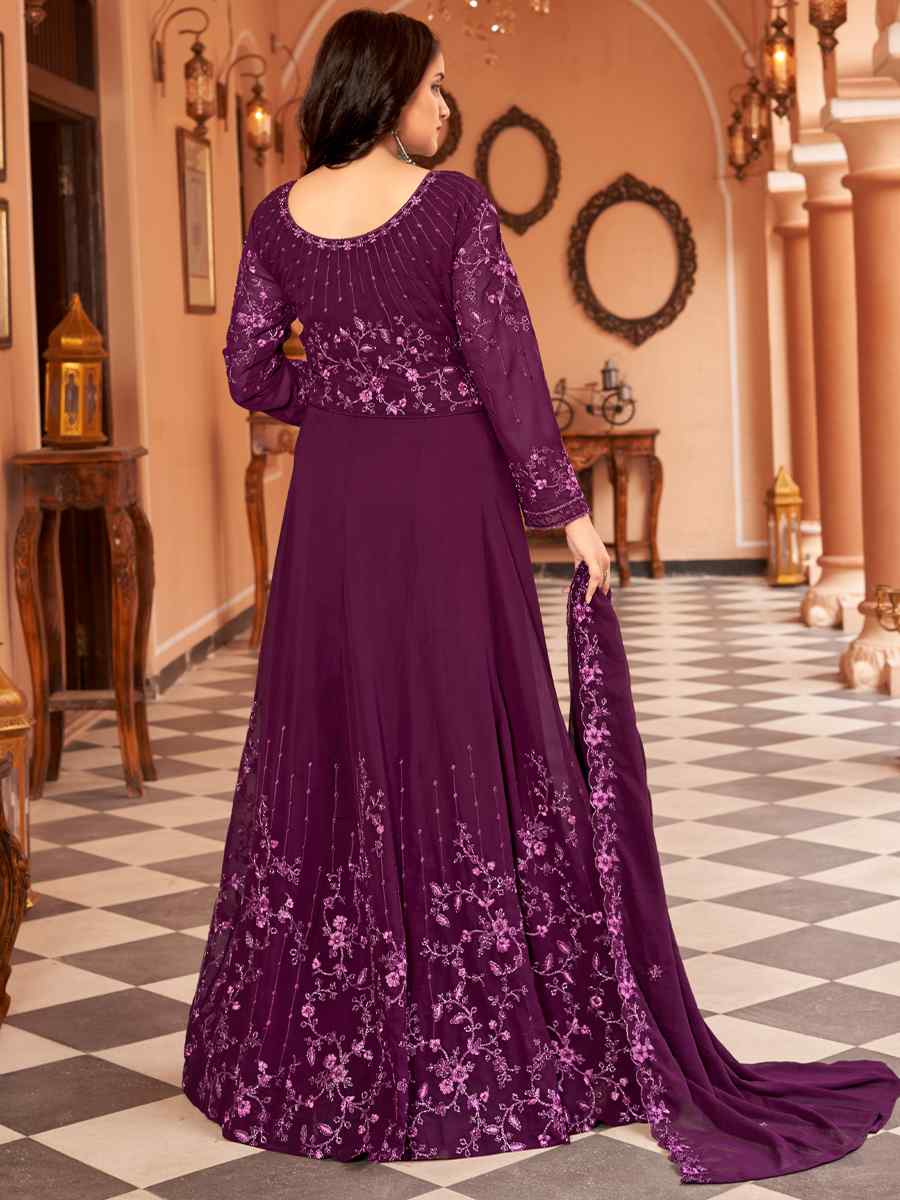 Purple Blooming Faux Georgette Embroidered Festival Wedding Anarkali Salwar Kameez