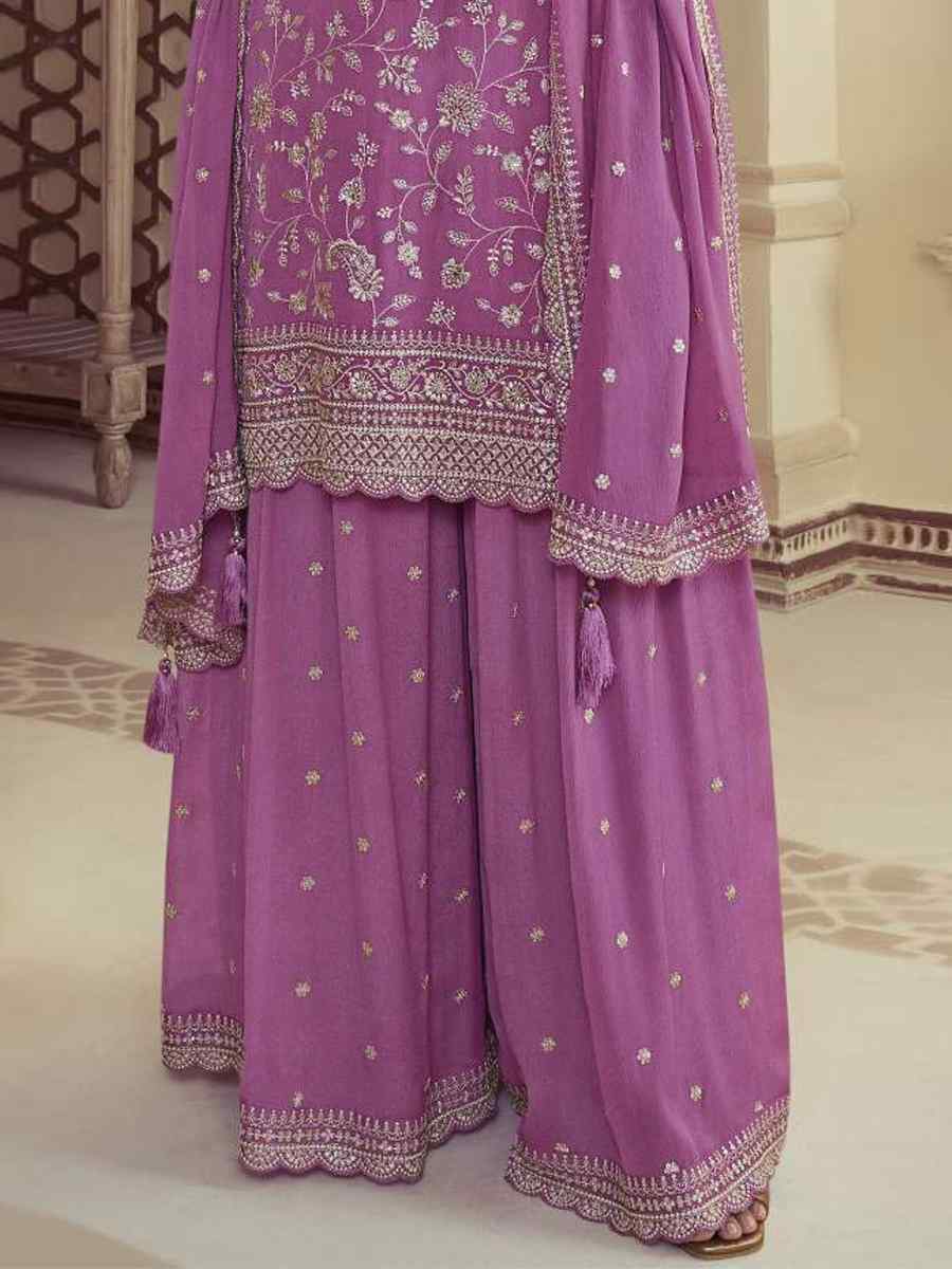 Purple Chinon Embroidered Festival Wedding Palazzo Pant Salwar Kameez