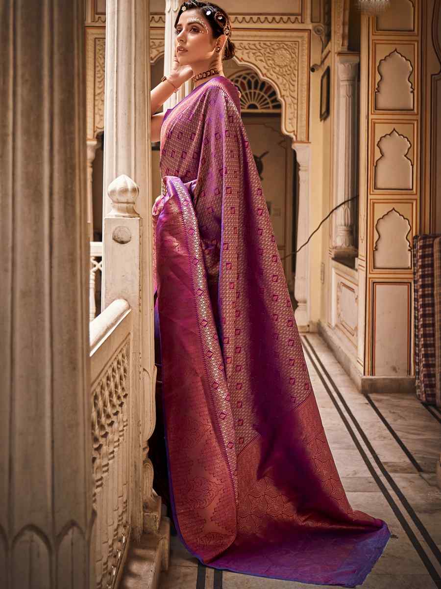 Purple Handloom Silk Handwoven Wedding Festival Heavy Border Saree
