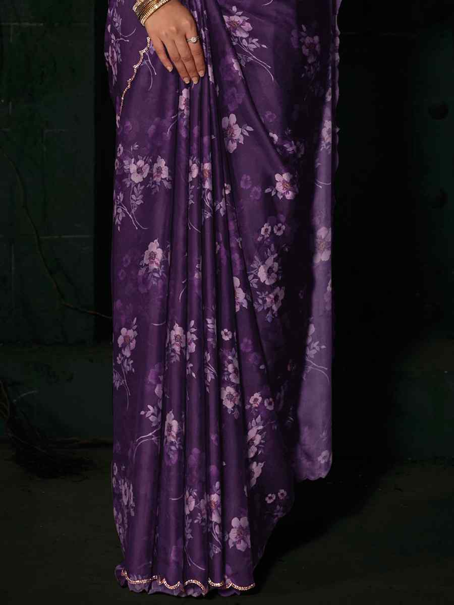Purple Pure Satin Embroidered Festival Party Heavy Border Saree