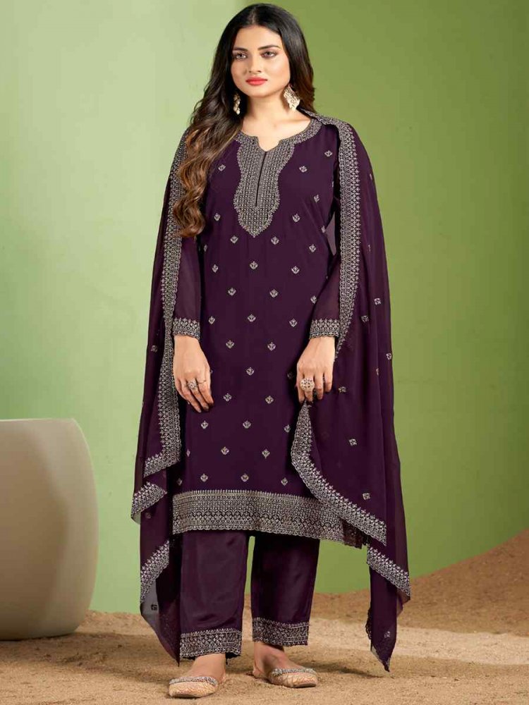 Purple Real Heavy Georgette Embroidered Festival Casual Pant Salwar Kameez
