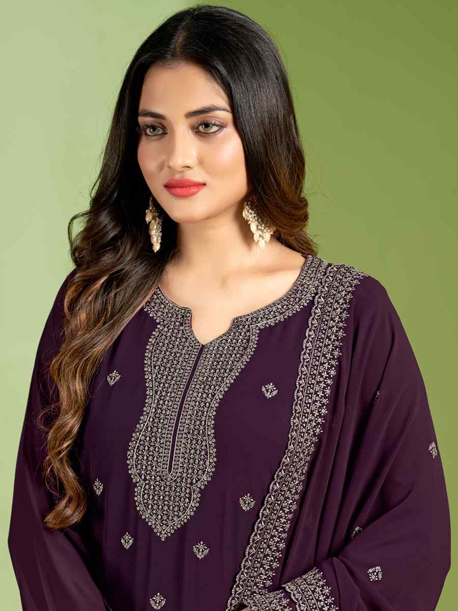 Purple Real Heavy Georgette Embroidered Festival Casual Pant Salwar Kameez