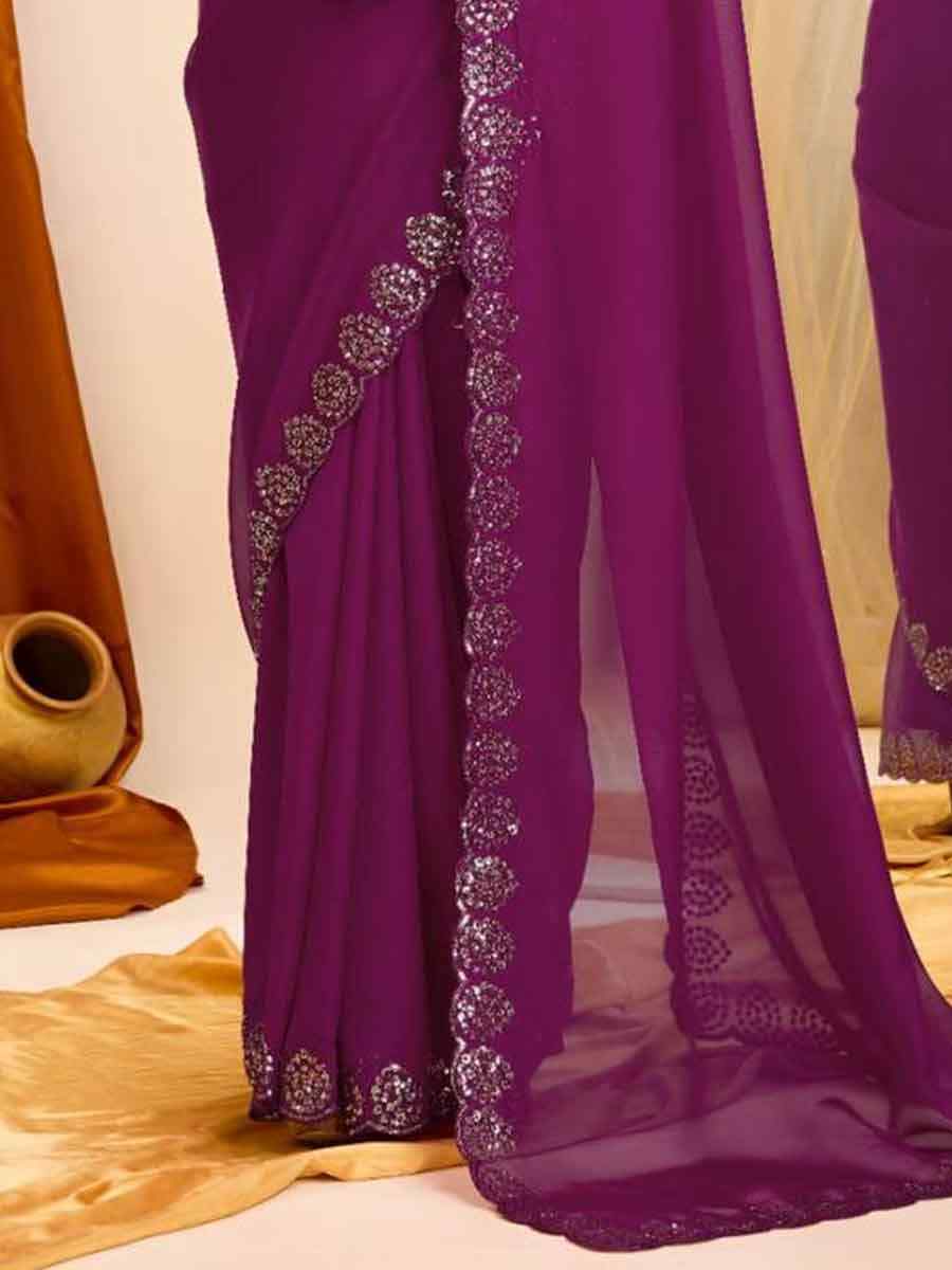 Purple Taby Organza Silk Embroidered Festival Wedding Heavy Border Saree