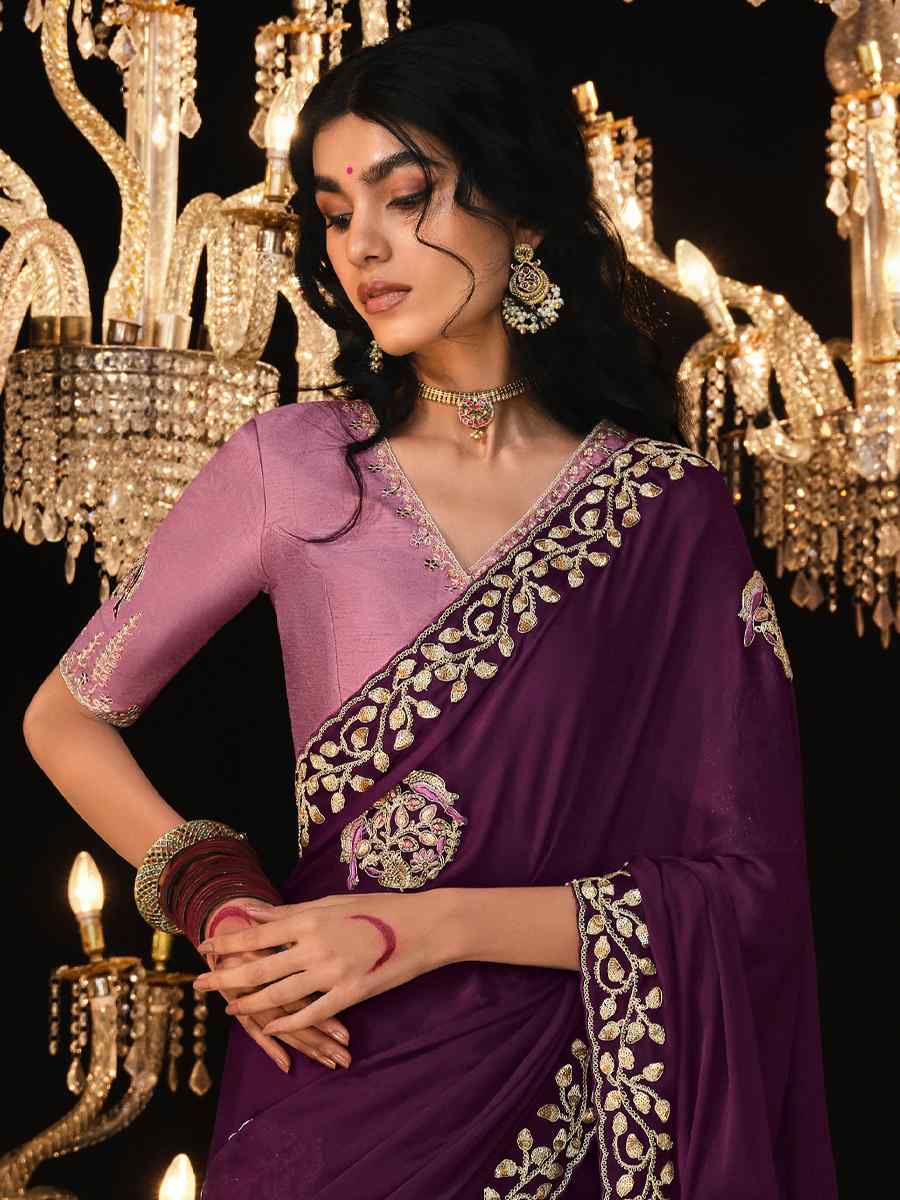 Purple Tissue Silk Embroidered Wedding Festival Heavy Border Saree