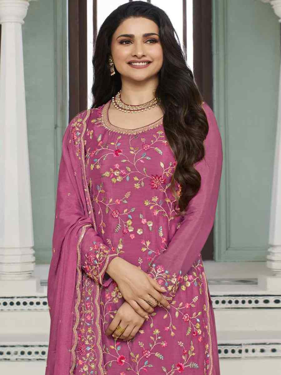 Rani Pink Heavy Blooming Viscose Chinon Embroidered Festival Wedding Palazzo Pant Bollywood Style Salwar Kameez