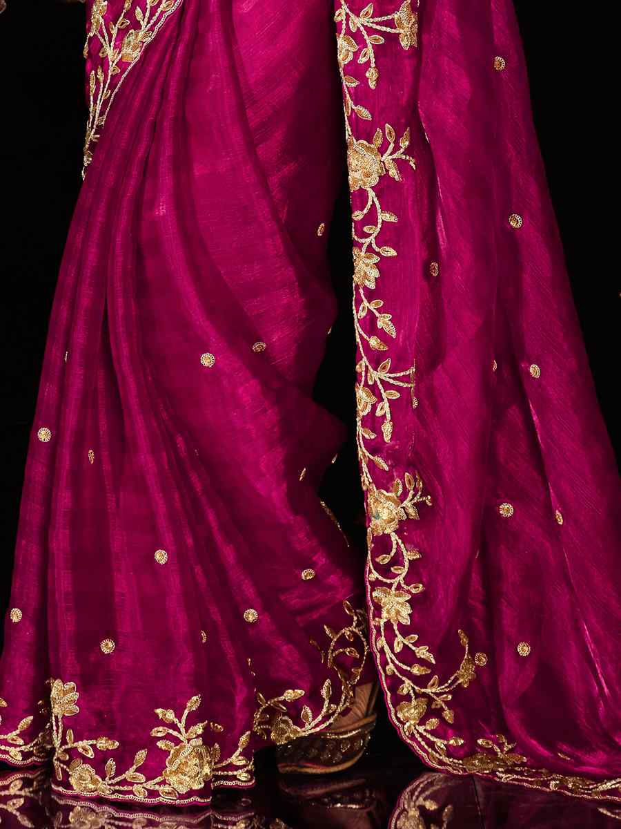 Rani Pink Stipe Shimmer Embroidered Wedding Festival Heavy Border Saree