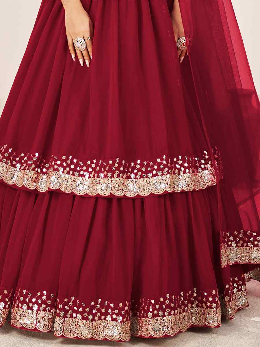 Red Georgette Embroidered Bridesmaid Wedding Heavy Border Lehenga Choli