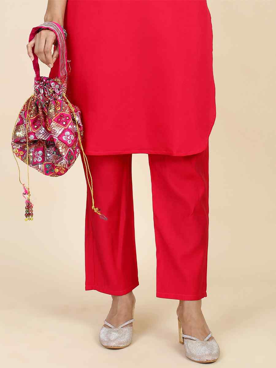 Red Modal Silk Cotton Flex Embroidered Festival Casual Kurti