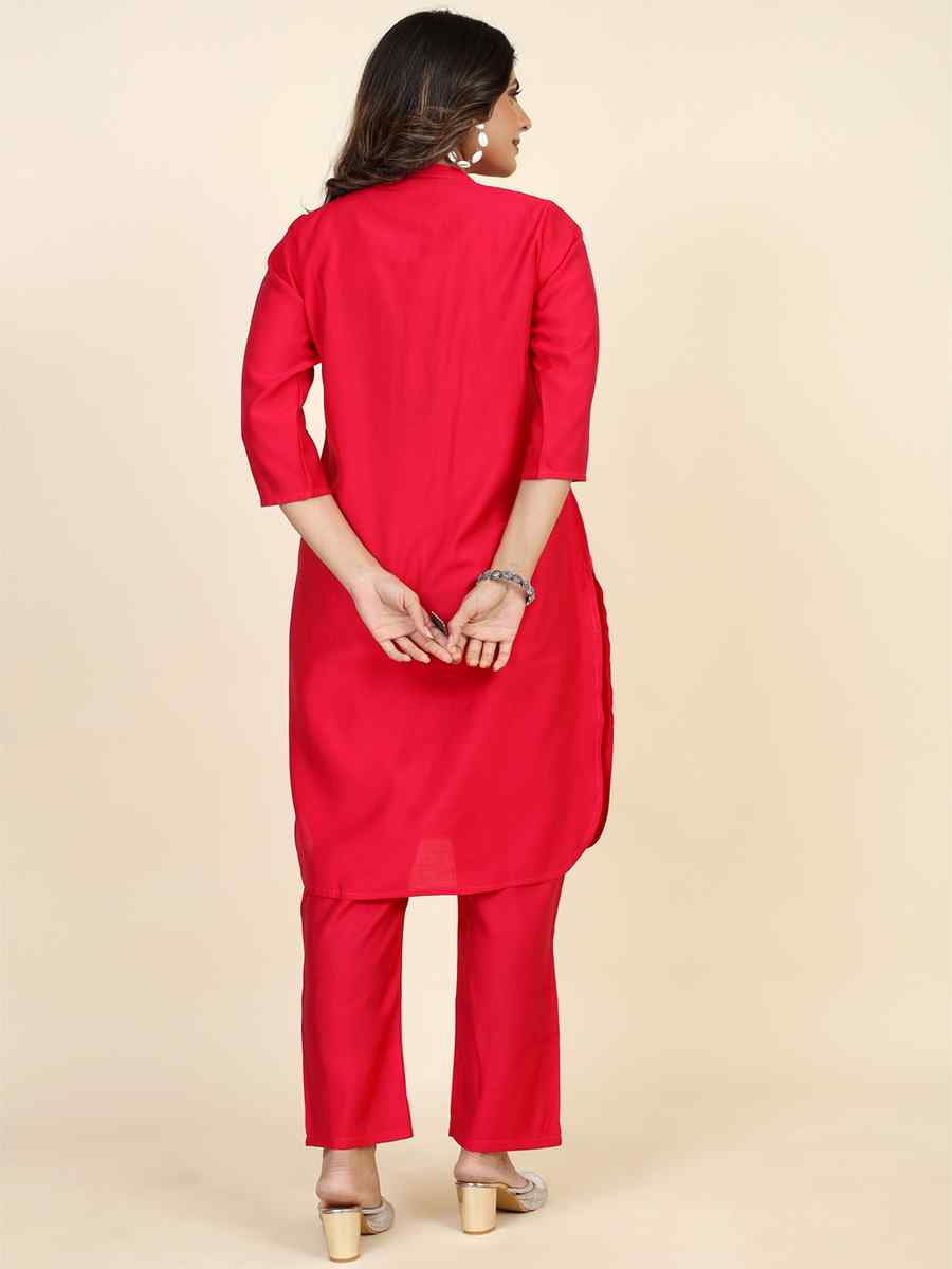Red Modal Silk Cotton Flex Embroidered Festival Casual Kurti