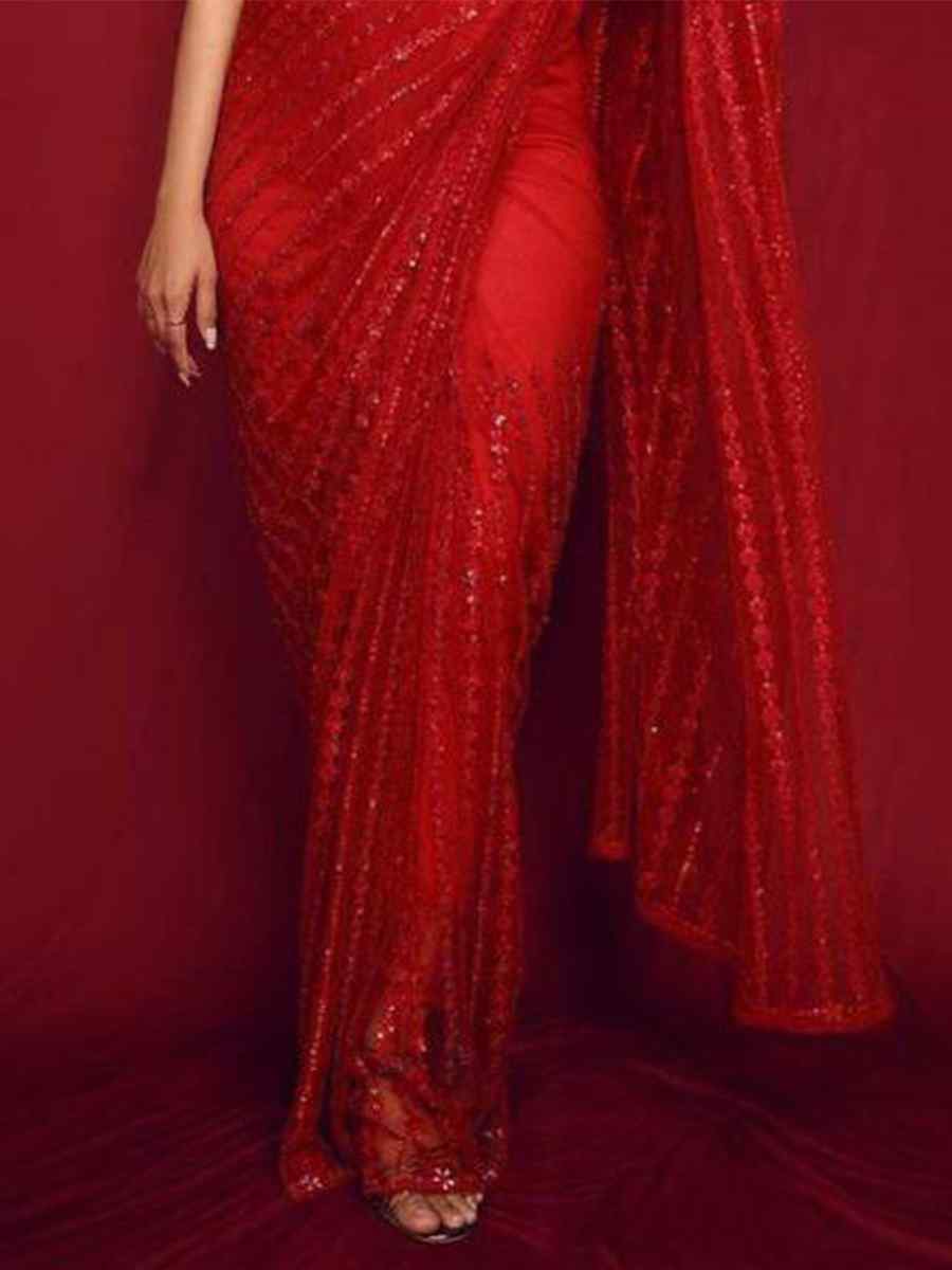 Red Soft Net Embroidery Party Reception Classic Style Saree