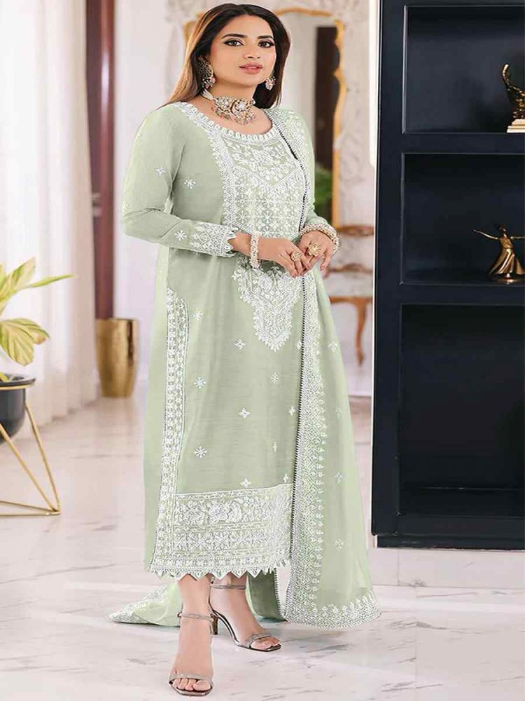 Sea Green Heavy Orgenza Embroidered Festival Casual Pant Salwar Kameez