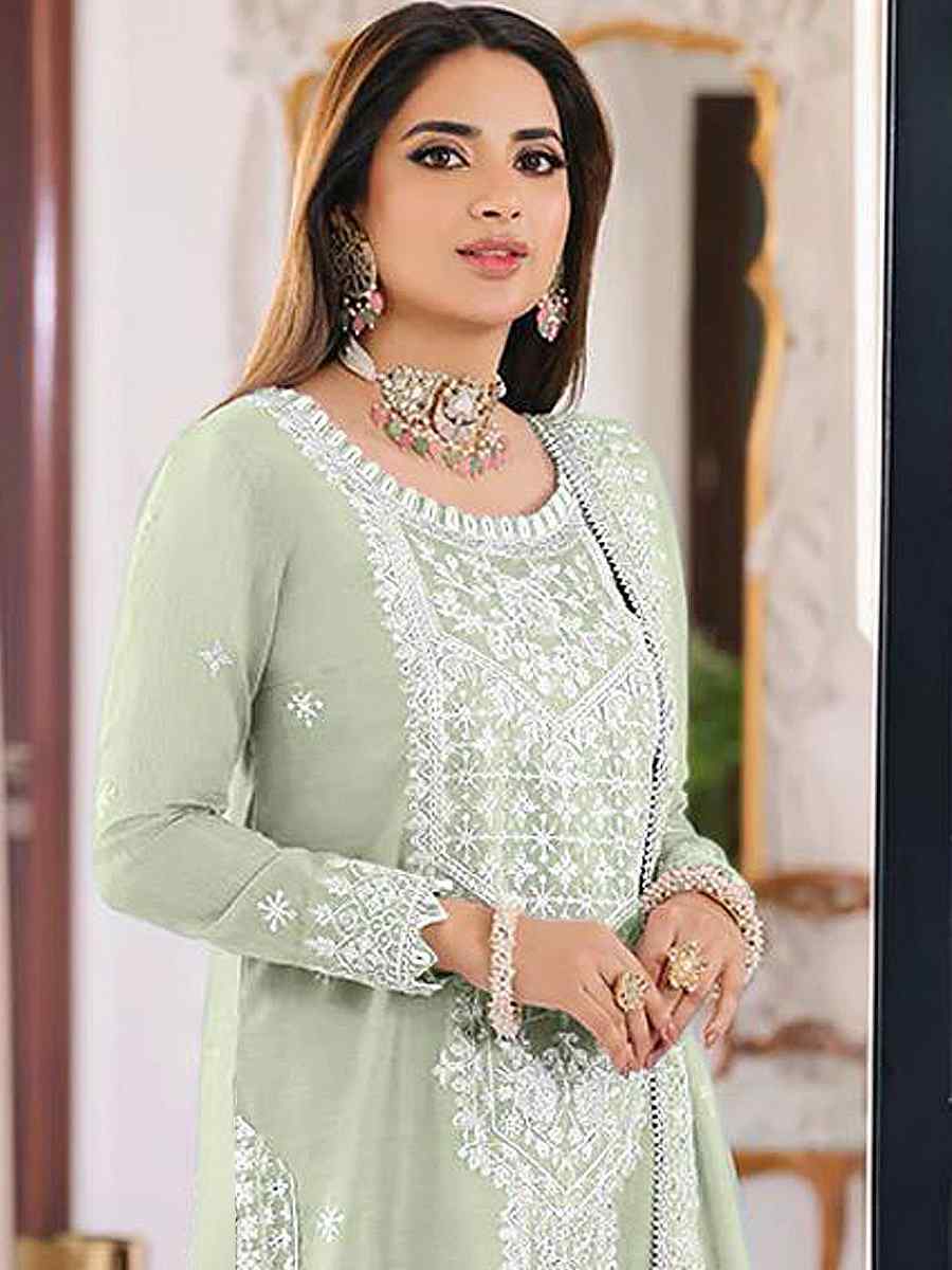 Sea Green Heavy Orgenza Embroidered Festival Casual Pant Salwar Kameez