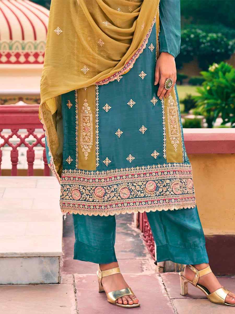 Sky Chinon Embroidered Festival Wedding Pant Salwar Kameez