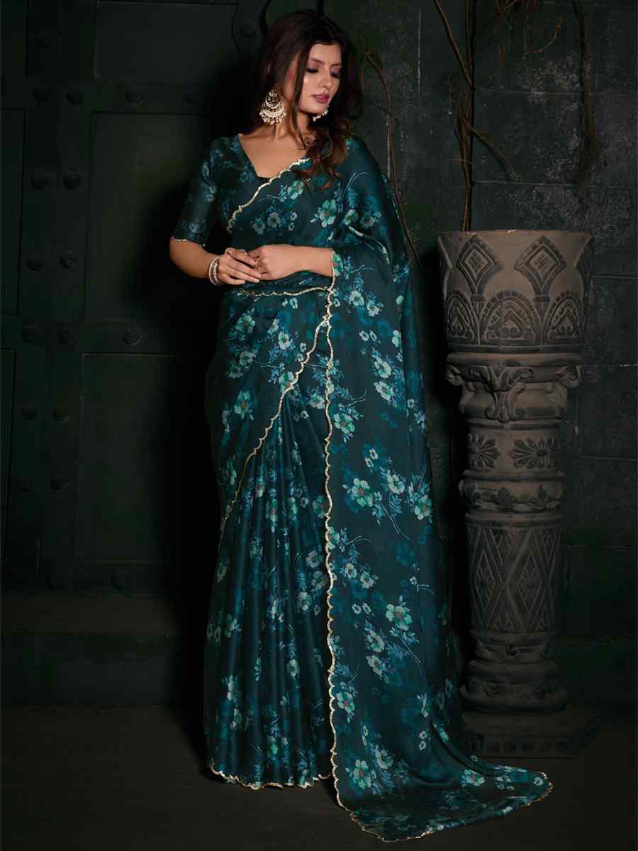 Teal Blue Pure Satin Embroidered Festival Party Heavy Border Saree