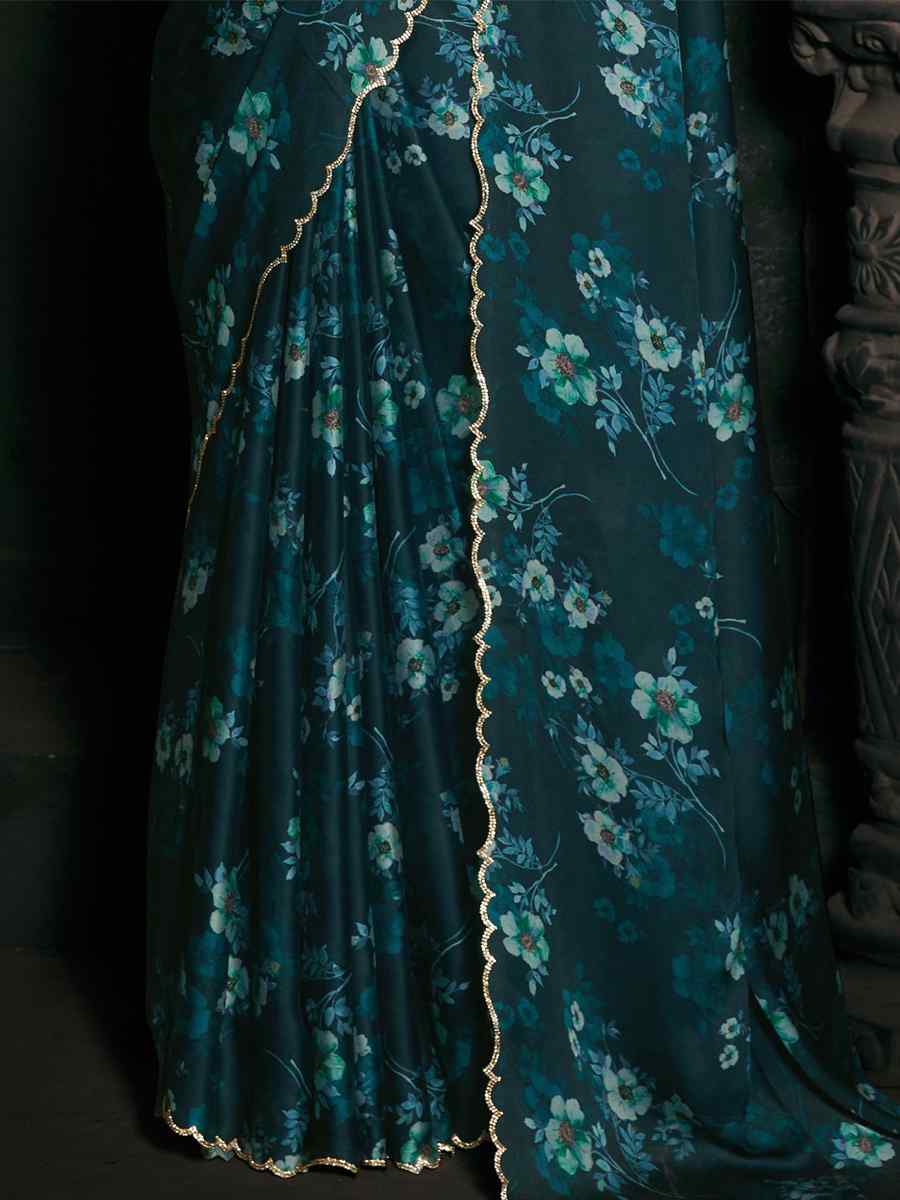 Teal Blue Pure Satin Embroidered Festival Party Heavy Border Saree