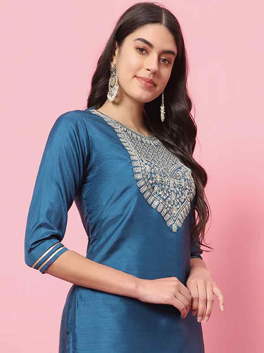 Teal Blue Silk Blend Embroidered Festival Casual Ready Pant Salwar Kameez