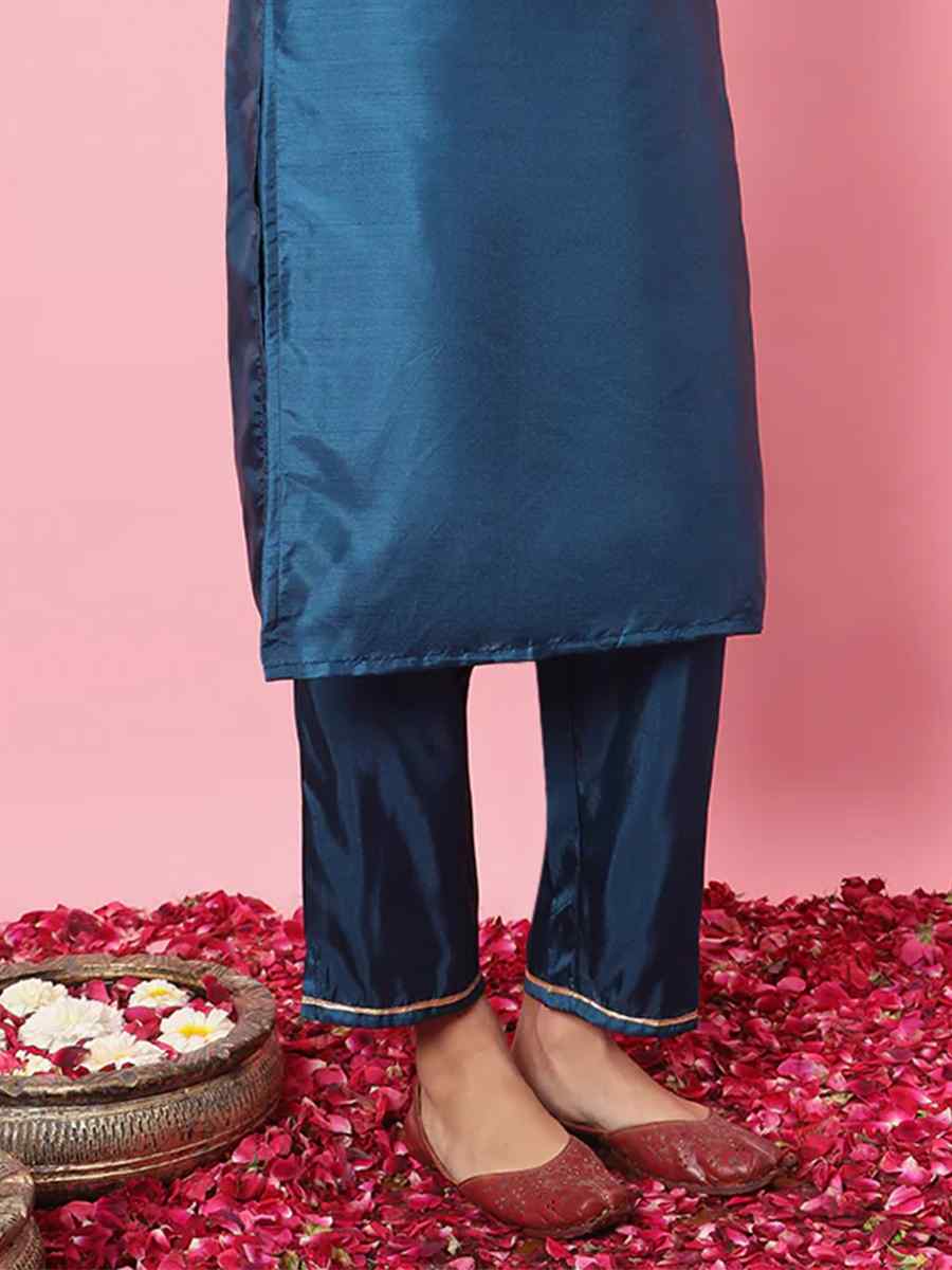 Teal Blue Silk Blend Embroidered Festival Casual Ready Pant Salwar Kameez