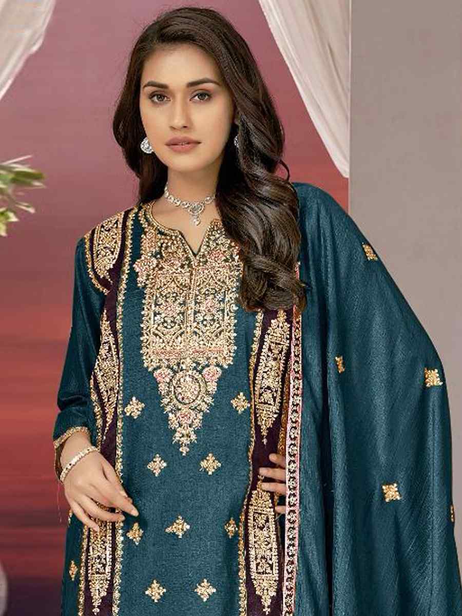 Teal Chinon Silk Embroidered Festival Casual Pant Salwar Kameez