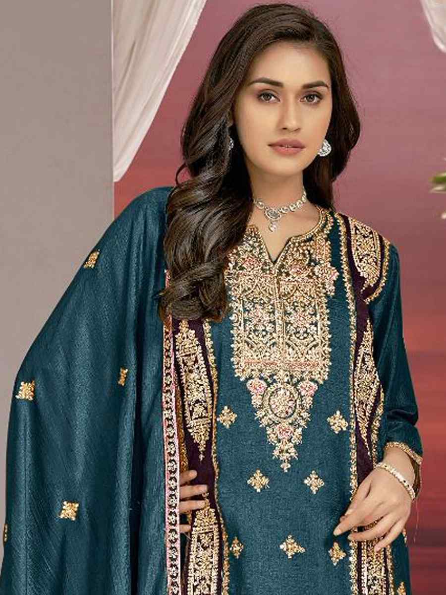 Teal Chinon Silk Embroidered Festival Casual Pant Salwar Kameez