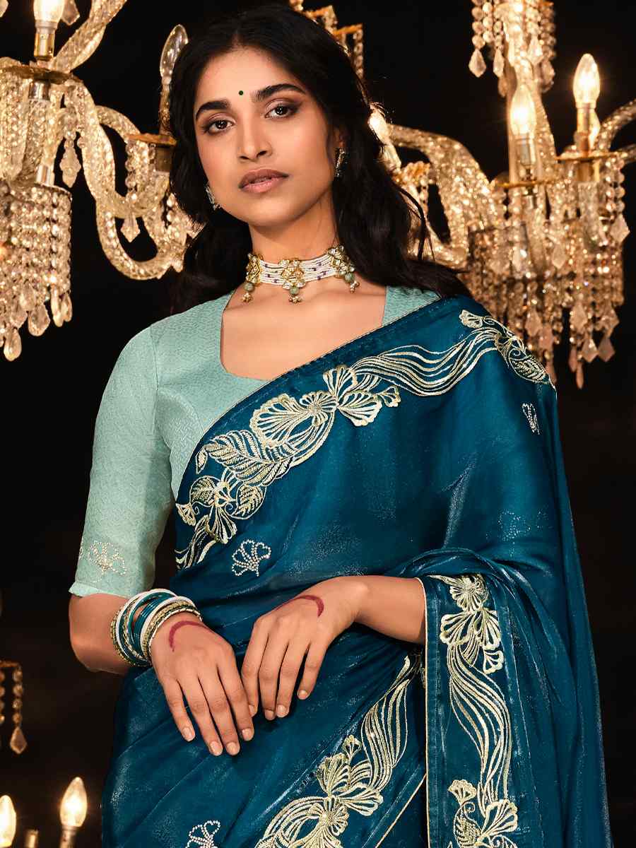 Teal Glass Tissue Embroidered Wedding Festival Heavy Border Saree