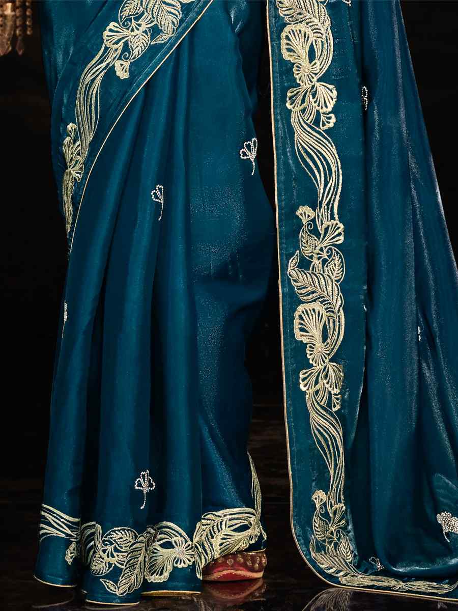 Teal Glass Tissue Embroidered Wedding Festival Heavy Border Saree