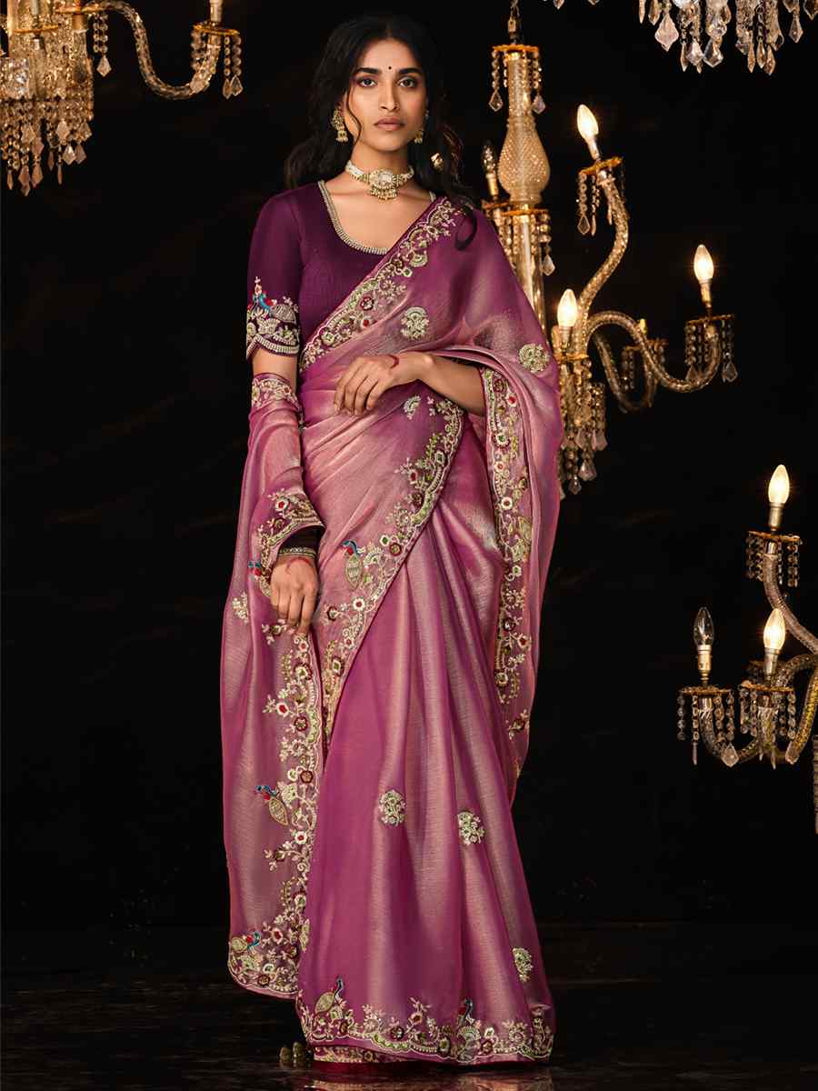 Violet Pure Shimmer Embroidered Wedding Festival Heavy Border Saree