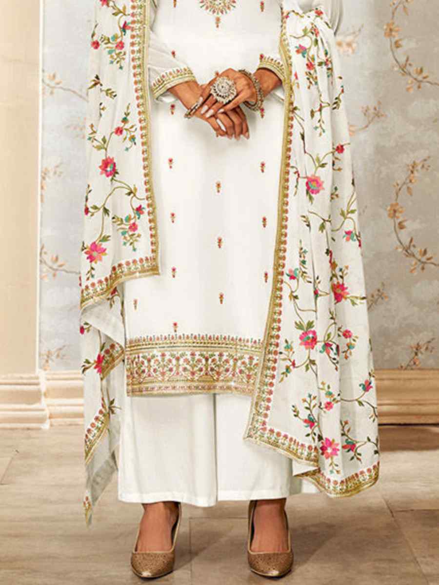 White Real Georgette Embroidered Casual Festival Palazzo Pant Salwar Kameez
