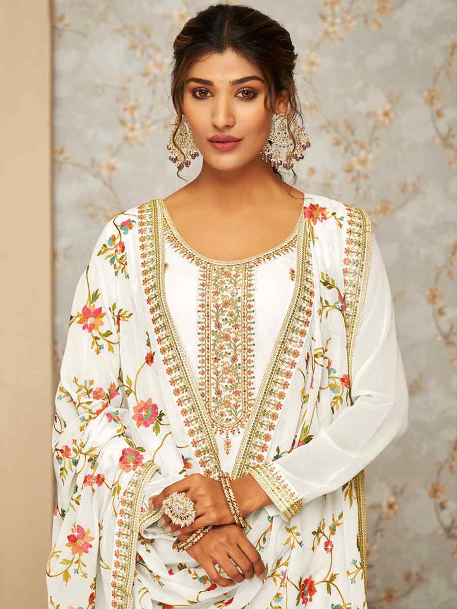 White Real Georgette Embroidered Casual Festival Palazzo Pant Salwar Kameez