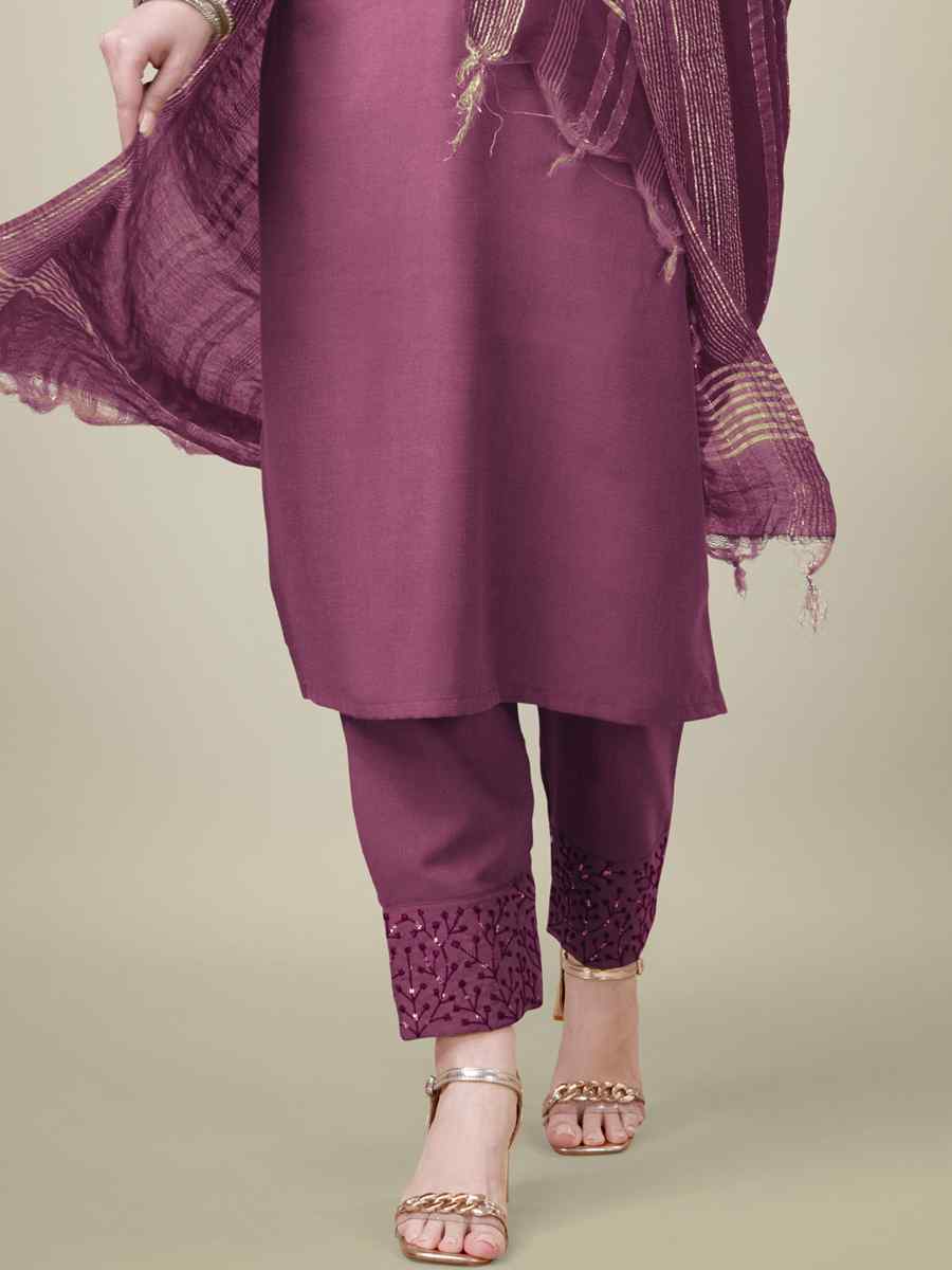 Wine Cotton Blend Embroidered Festival Casual Ready Pant Salwar Kameez