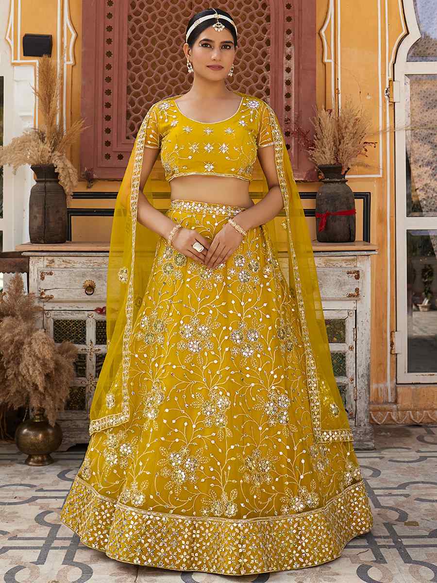 Yellow Net Embroidered Bridesmaid Wedding Heavy Border Lehenga Choli