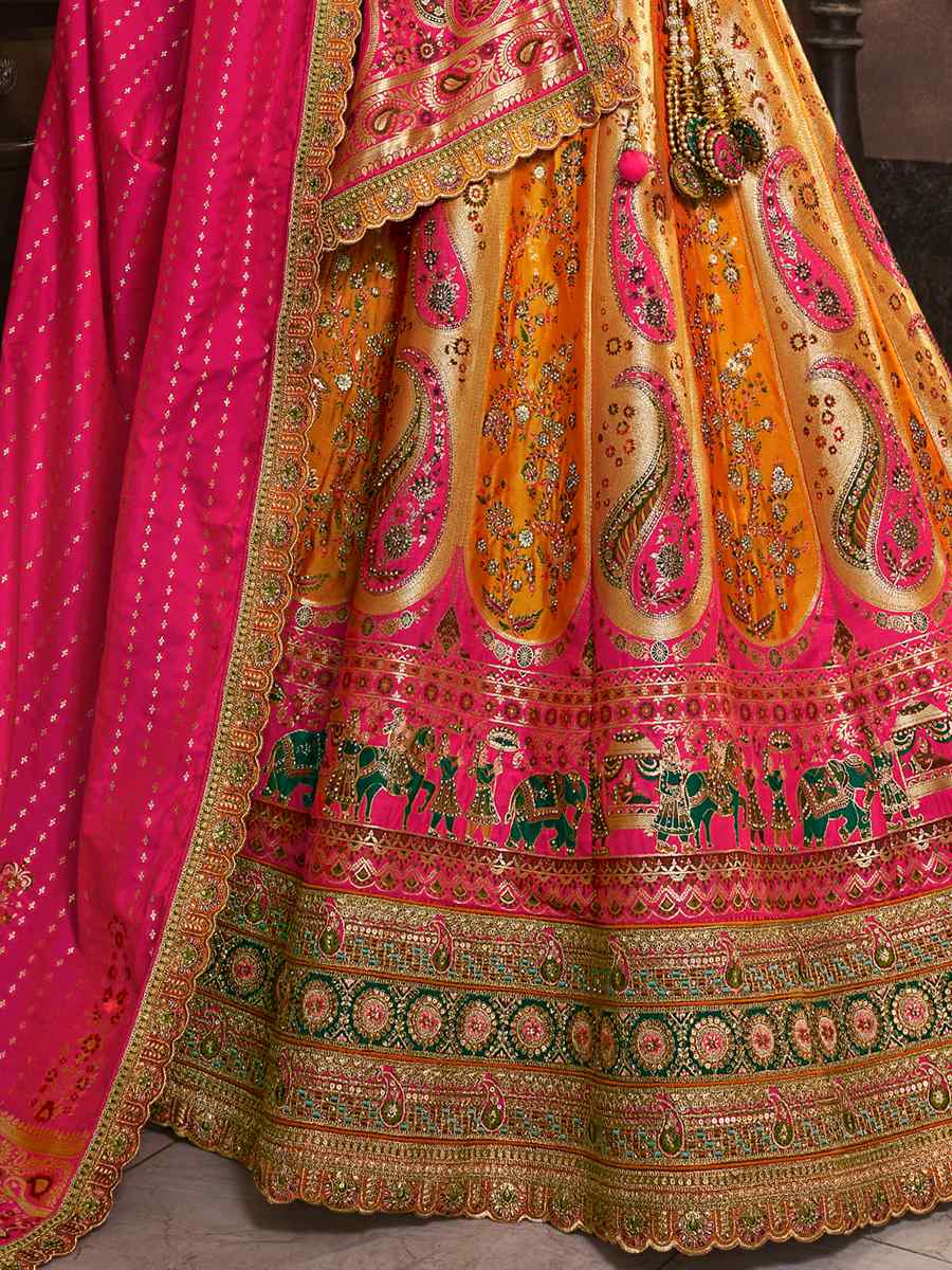 Yellow Silk Embroidered Bridal Wedding Heavy Border Lehenga Choli