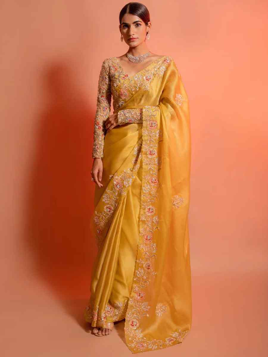 Yellow Soft Organza Embroidery Haldi Wedding Heavy Border Saree
