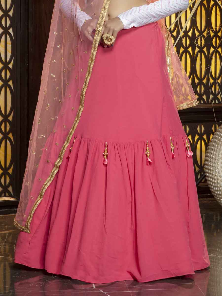 Brink Pink Faux Georgette Embroidered Party Lehenga Choli
