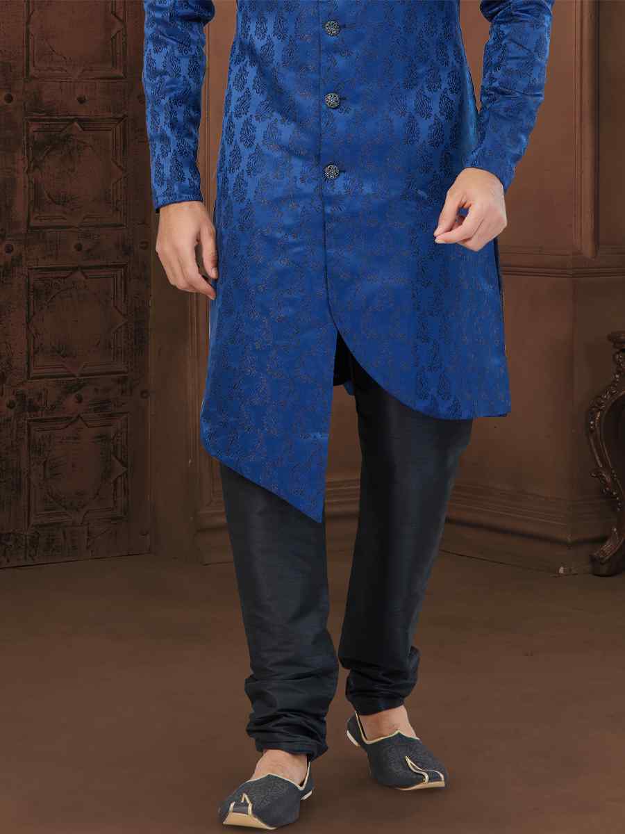 Nevy Blue Soft Jacquard Embroidered Wedding Groom Sherwani