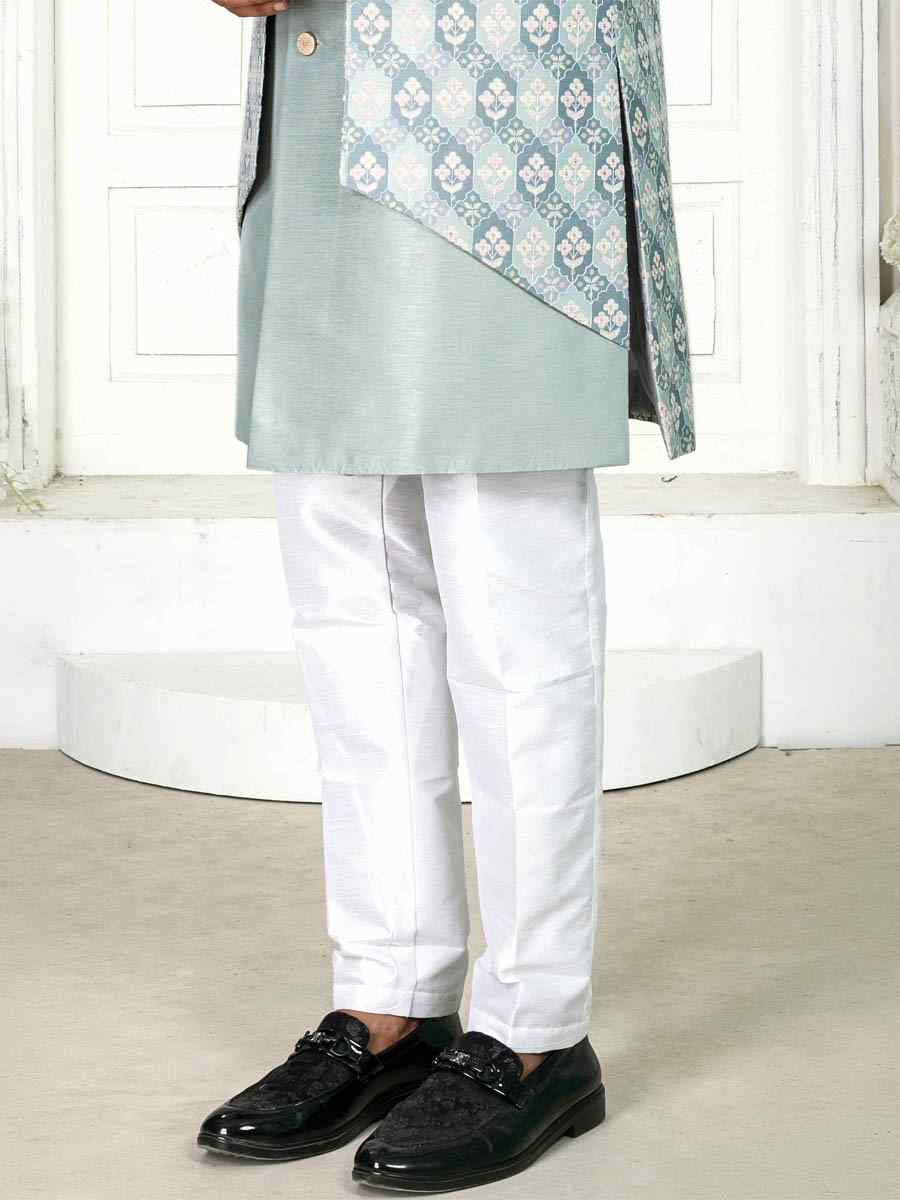 Asmani Seagreen Silk Embroidered Wedding Groom Sherwani