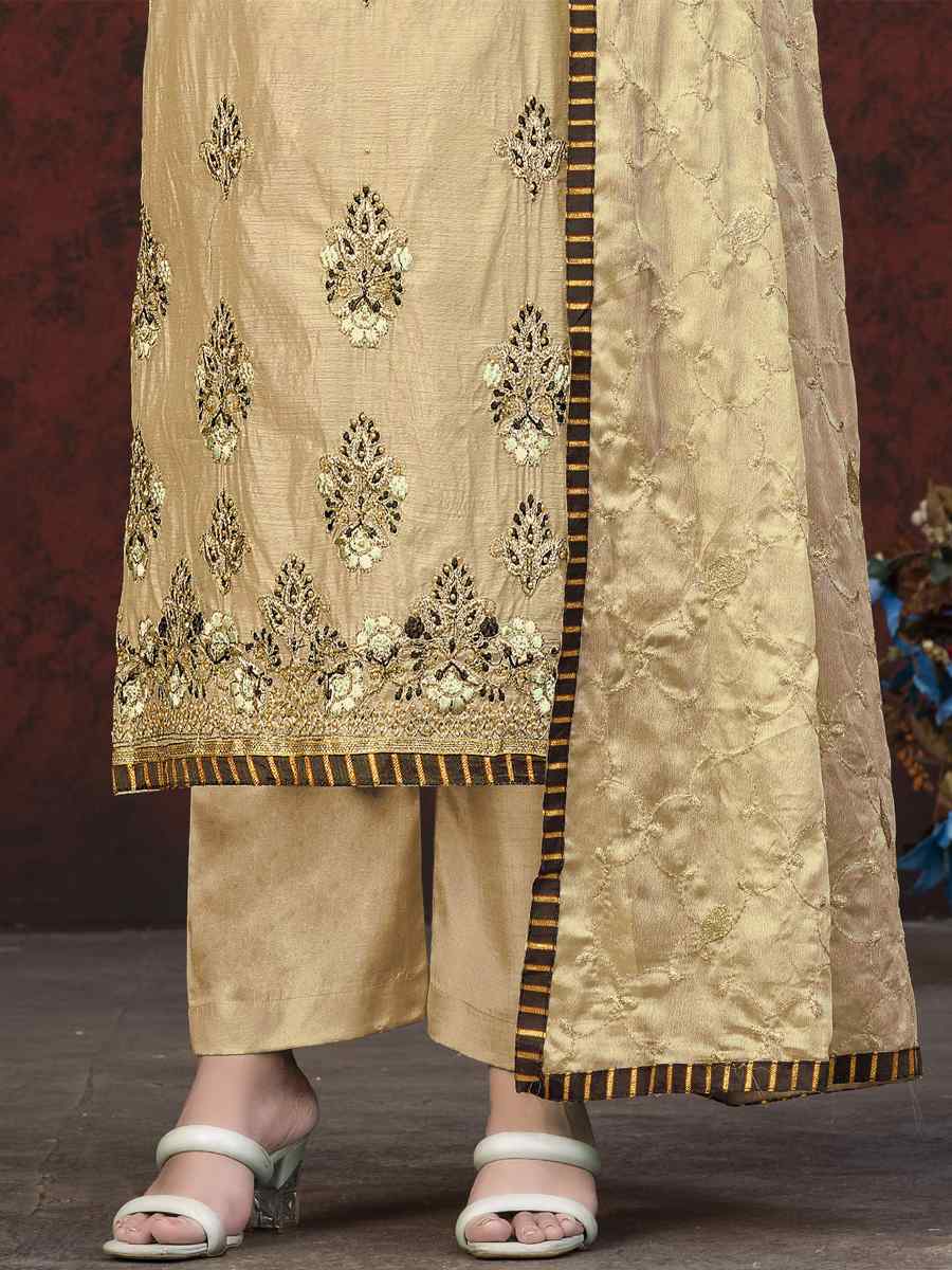 Beige Modal Chanderi Embroidered Casual Festival Pant Salwar Kameez