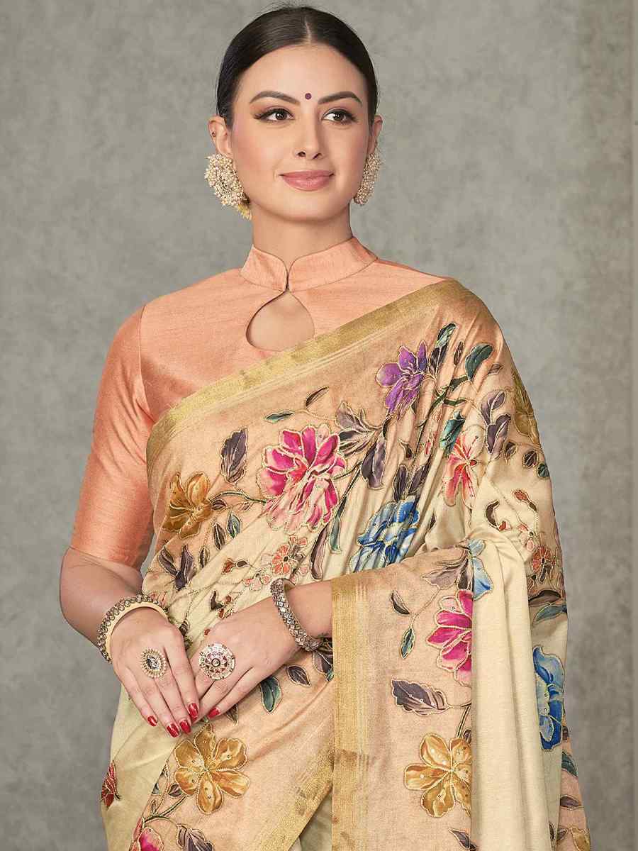Beige Rangkat Tussar Silk Embroidered Party Festival Classic Style Saree
