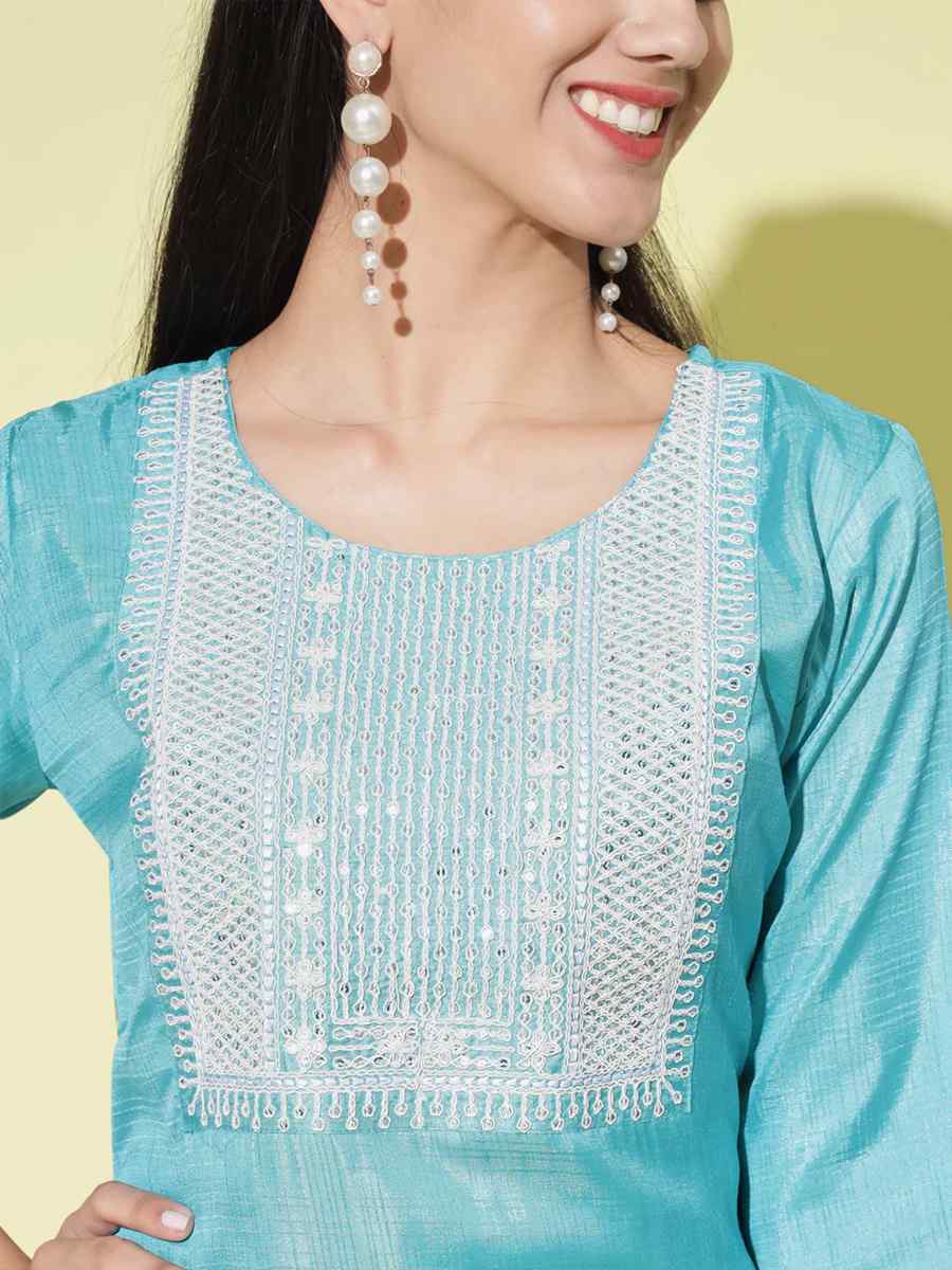 Blue Cotton Silk Blend Embroidered Festival Casual Ready Pant Salwar Kameez