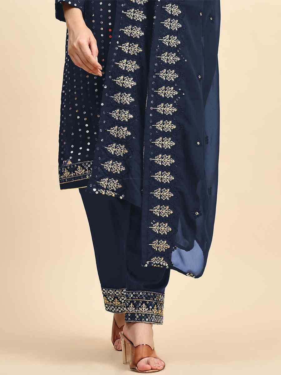 Blue Faux Georgette Embroidered Festival Casual Pant Salwar Kameez