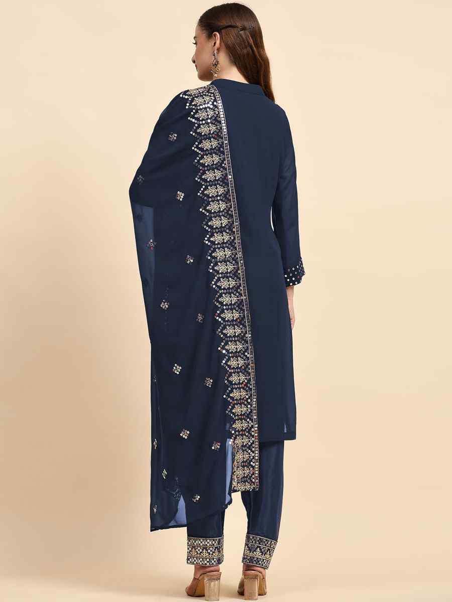 Blue Faux Georgette Embroidered Festival Casual Pant Salwar Kameez