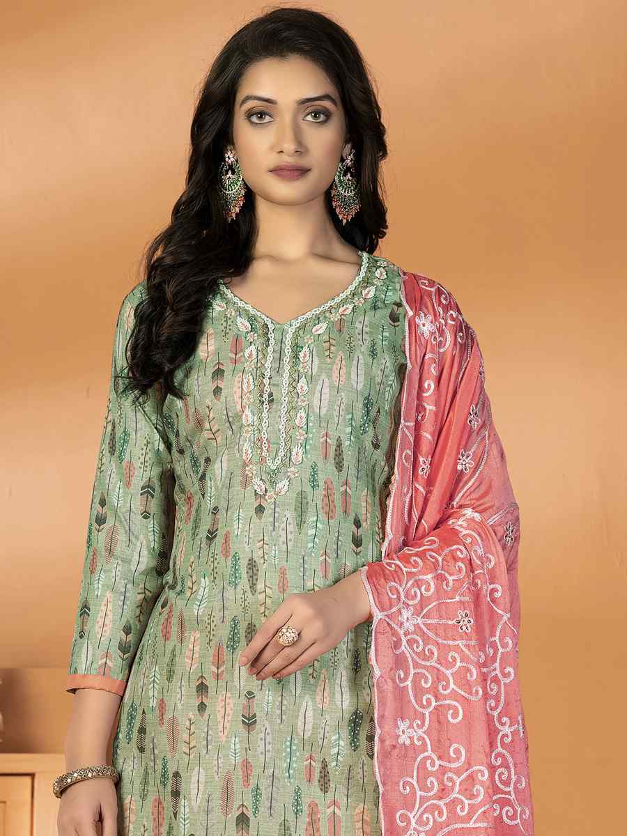 Green Glass Cotton Embroidered Casual Festival Pant Salwar Kameez