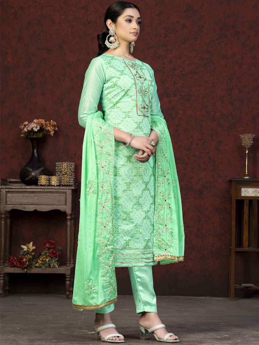 Green Modal Cotton Embroidered Casual Festival Pant Salwar Kameez