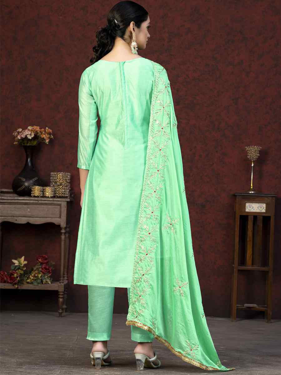 Green Modal Cotton Embroidered Casual Festival Pant Salwar Kameez